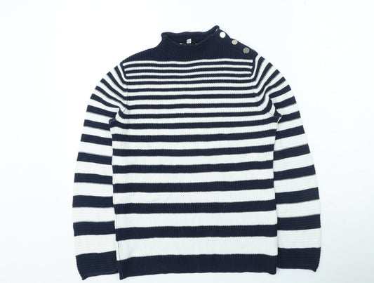 Warehouse Womens Blue High Neck Striped Cotton Pullover Jumper Size 12