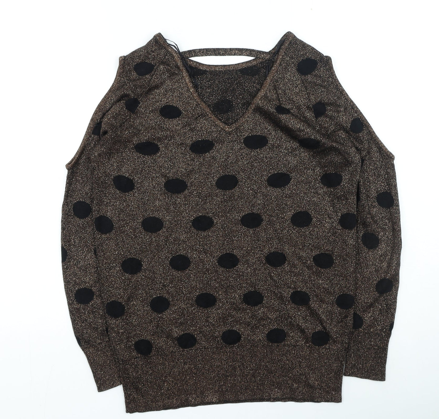 Soon Womens Gold Round Neck Polka Dot Polyester Pullover Jumper Size 12