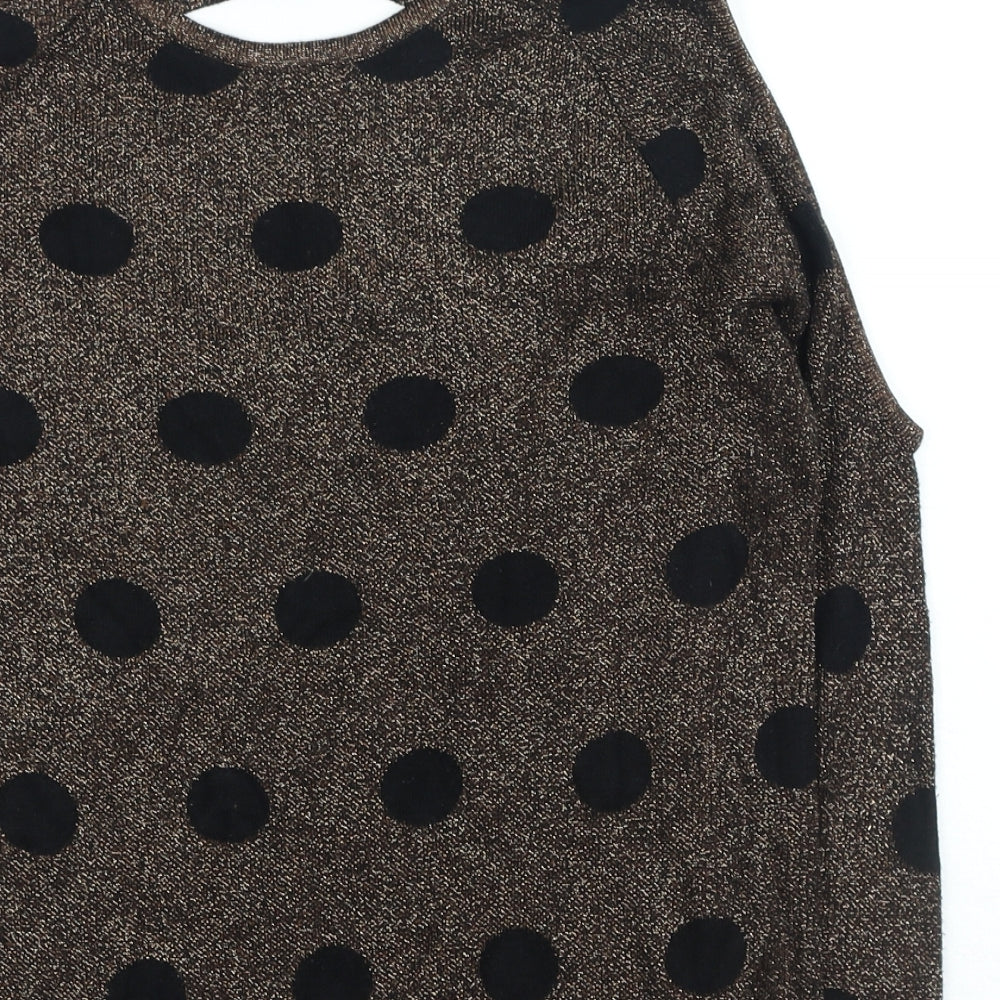 Soon Womens Gold Round Neck Polka Dot Polyester Pullover Jumper Size 12