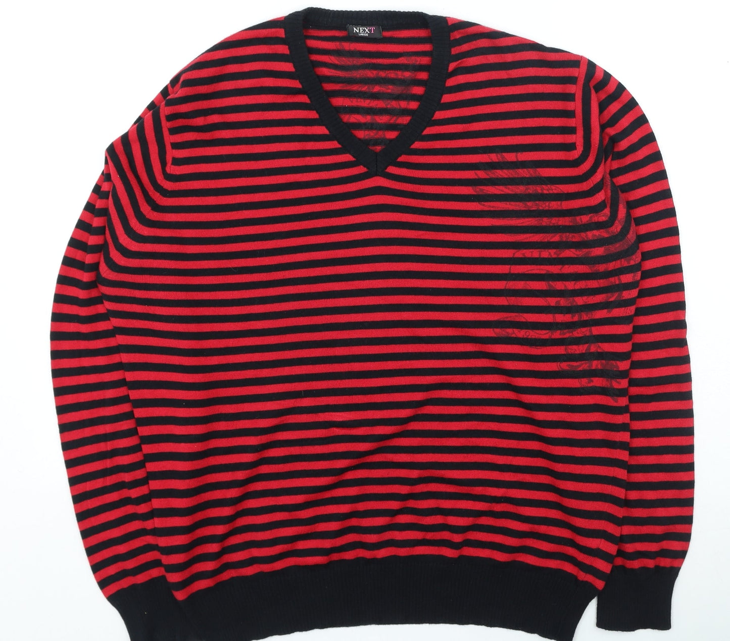 NEXT Womens Red V-Neck Striped Cotton Pullover Jumper Size L