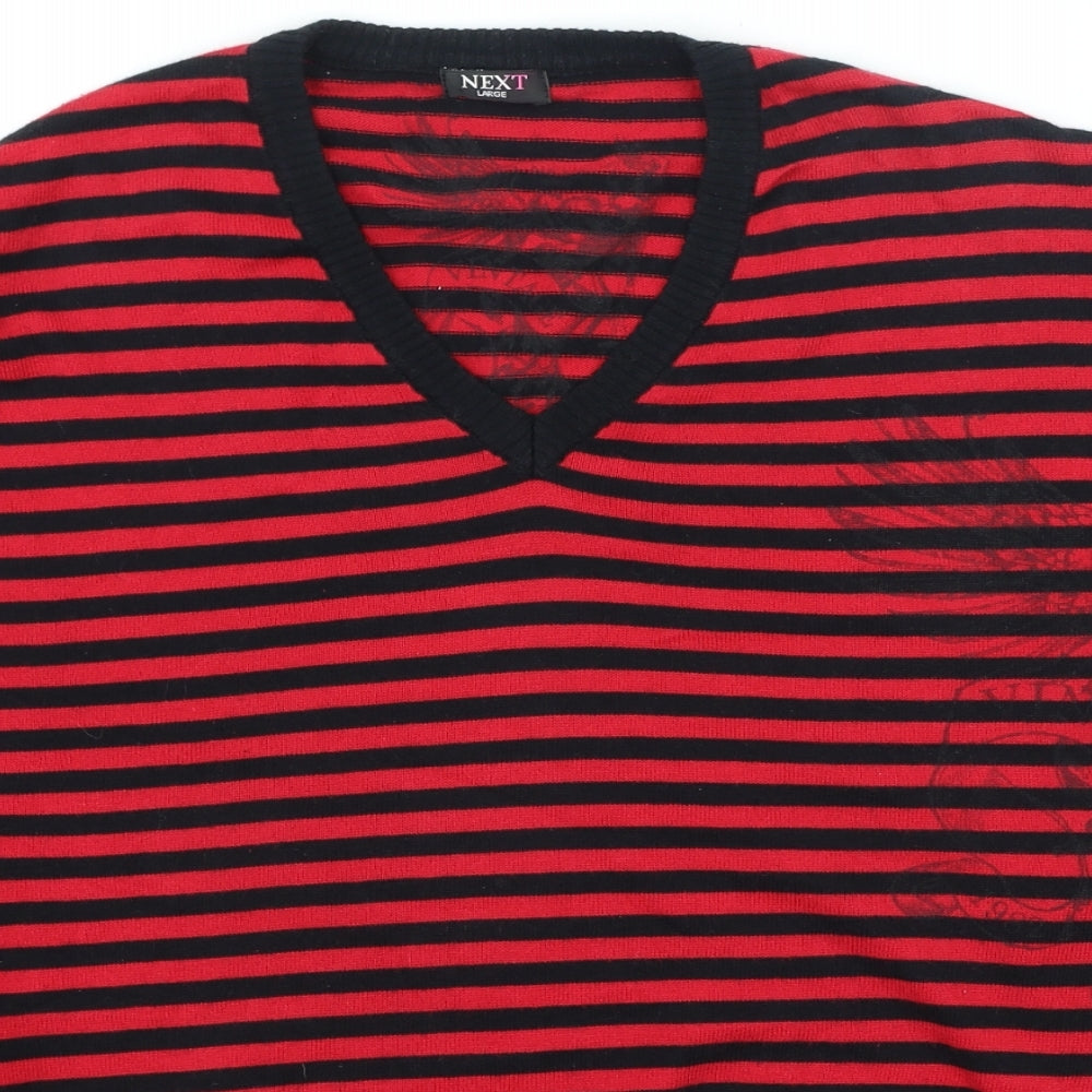 NEXT Womens Red V-Neck Striped Cotton Pullover Jumper Size L