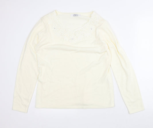 Classic Womens Beige Floral Acrylic Pullover Sweatshirt Size 12