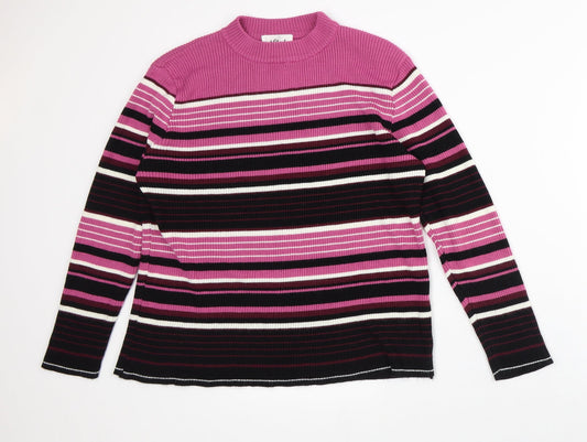 Afibel Womens Pink Mock Neck Striped Acrylic Pullover Jumper Size L