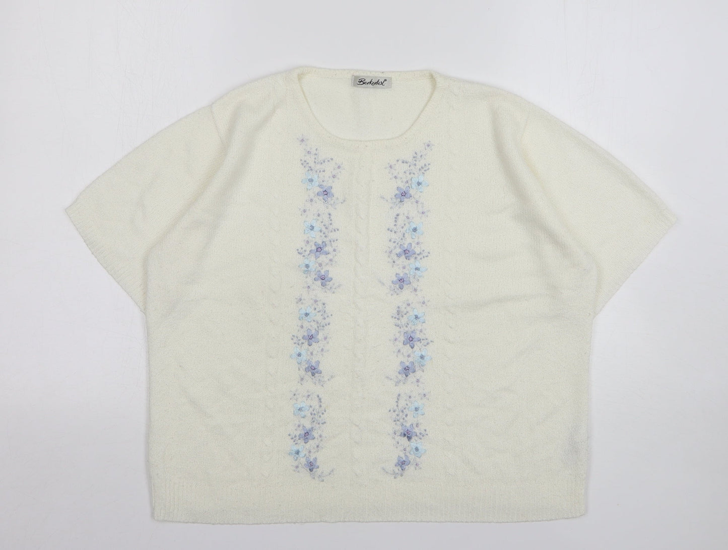 Berkertex Womens White Round Neck Floral Acrylic Pullover Jumper Size 14