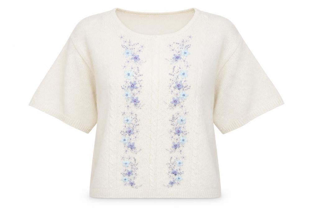 Berkertex Womens White Round Neck Floral Acrylic Pullover Jumper Size 14