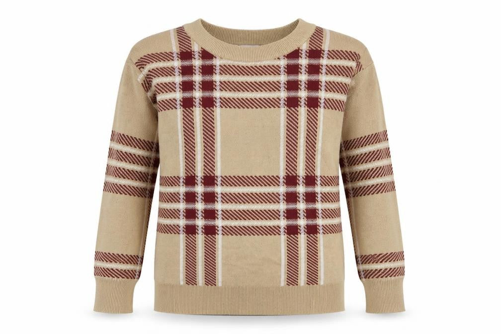 Max Studio Womens Beige Round Neck Plaid Viscose Pullover Jumper Size S