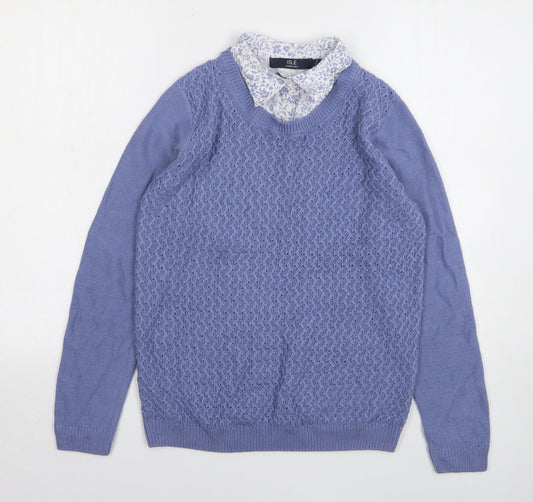 Isle Essentials Womens Blue Collared Acrylic Pullover Jumper Size 10