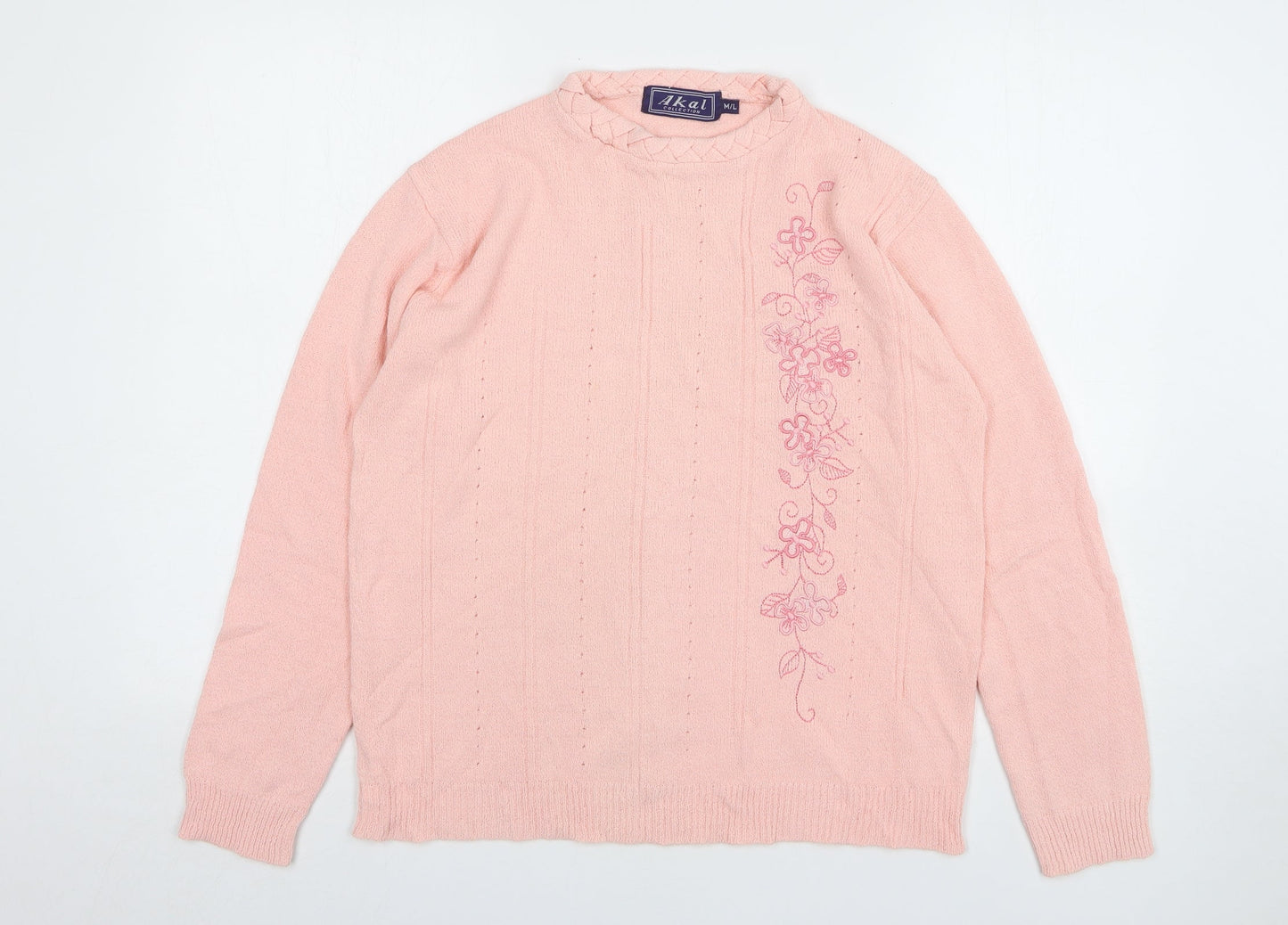 Akal Womens Pink Round Neck Floral Acrylic Pullover Jumper Size M