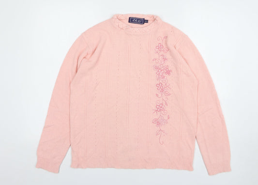 Akal Womens Pink Round Neck Floral Acrylic Pullover Jumper Size M