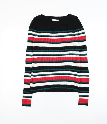 Tu Womens Black Round Neck Striped Acrylic Pullover Jumper Size 8