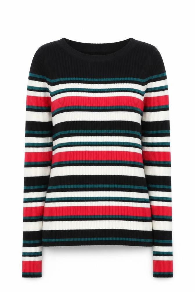 TU Womens Black Round Neck Striped Acrylic Pullover Jumper Size 8