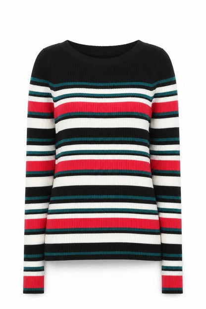 Tu Womens Black Round Neck Striped Acrylic Pullover Jumper Size 8