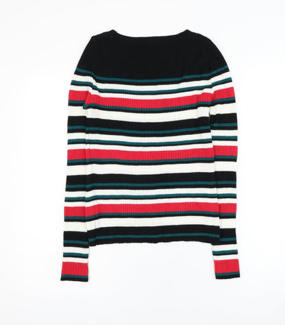 Tu Womens Black Round Neck Striped Acrylic Pullover Jumper Size 8