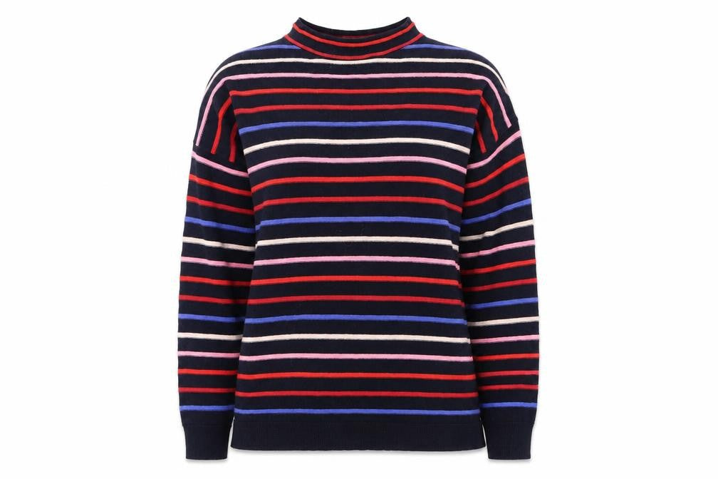 Warehouse Womens Blue Mock Neck Striped Cotton Pullover Jumper Size 6