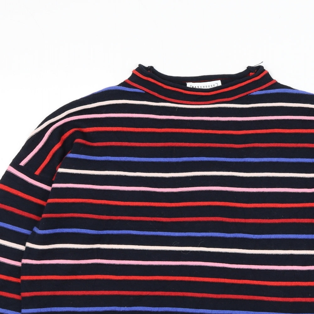 Warehouse Womens Blue Mock Neck Striped Cotton Pullover Jumper Size 6