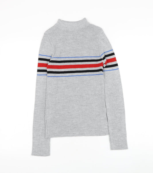 Cooperative Womens Grey Round Neck Striped Acrylic Pullover Jumper Size M