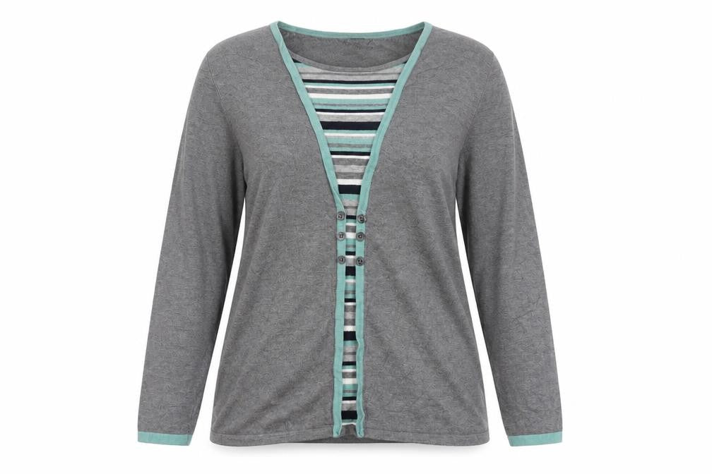 Bonmarché Womens Grey Round Neck Striped Viscose Pullover Jumper Size 16