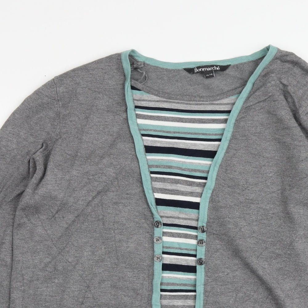 Bonmarché Womens Grey Round Neck Striped Viscose Pullover Jumper Size 16