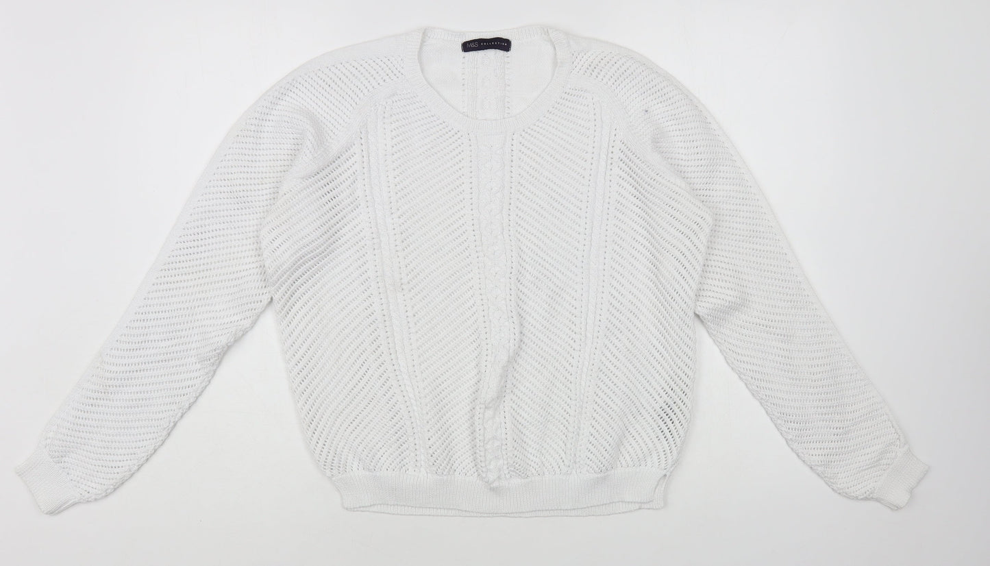 Marks and Spencer Womens White Crew Neck Cotton Pullover Jumper Size 16