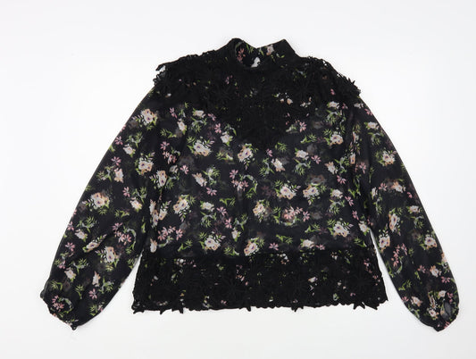 Zara Womens Black Floral Polyester Basic Blouse Size XS Mock Neck - Lace Detail