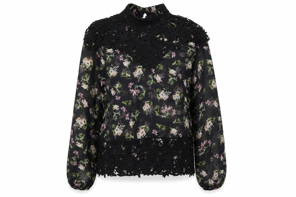 Zara Womens Black Floral Polyester Basic Blouse Size XS Mock Neck - Lace Detail