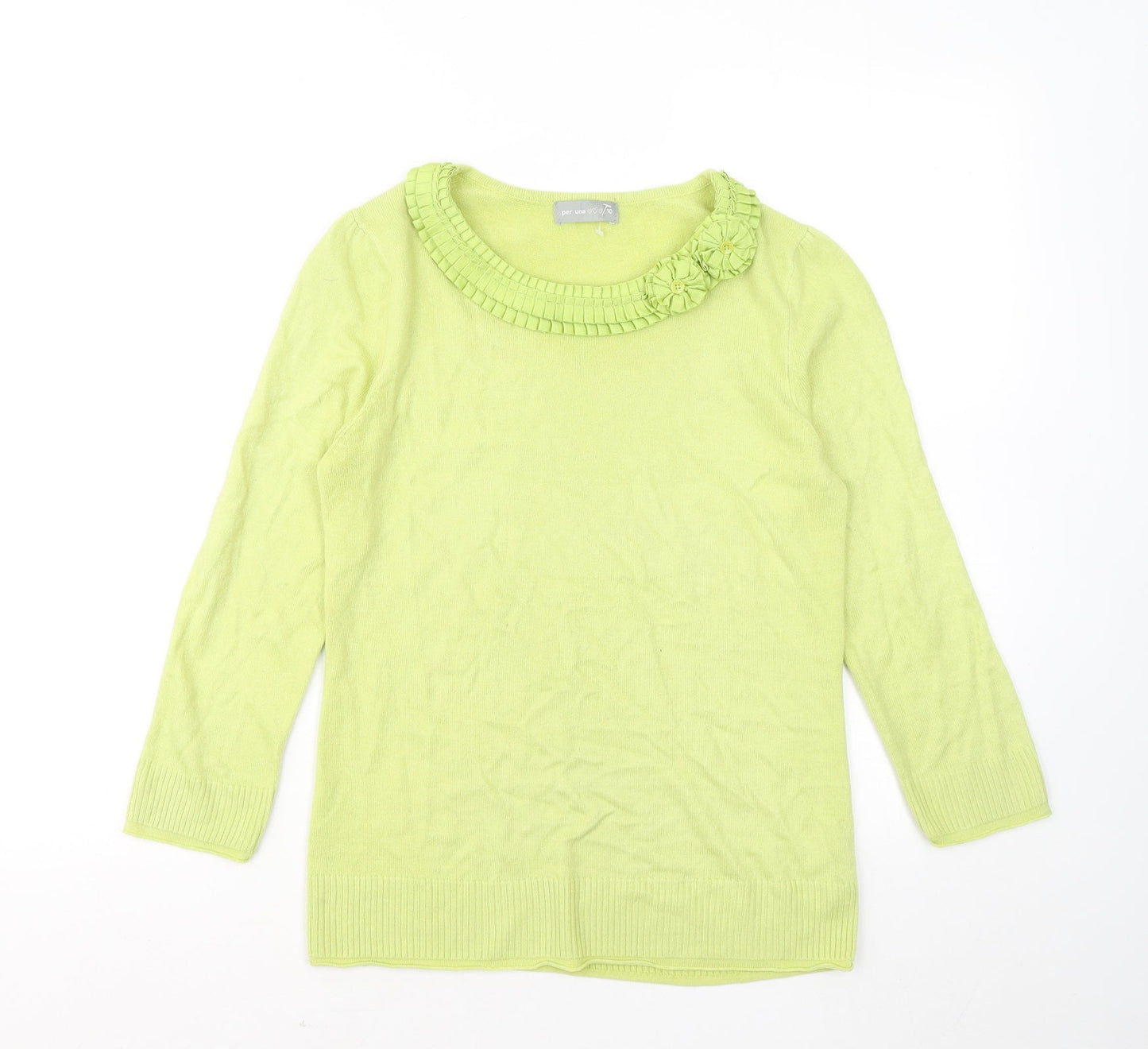 Per Una Womens Green Round Neck Acrylic Pullover Jumper Size 10 - Flowers
