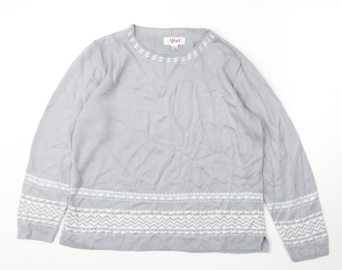 Afibel Womens Grey Round Neck Geometric Acrylic Pullover Jumper Size 10
