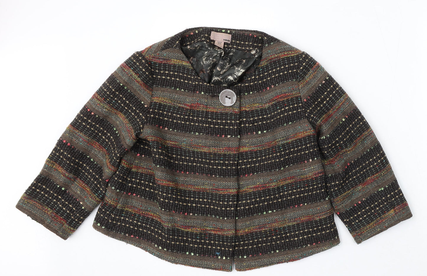 H&M Womens Multicoloured Round Neck Geometric Wool Cardigan Jumper Size 10