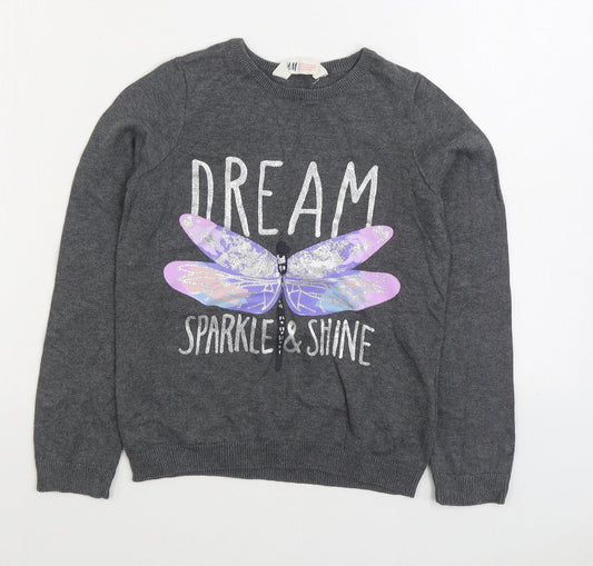 H&M Girls Grey Round Neck 100% Cotton Pullover Jumper Size 9-10 Years Pullover