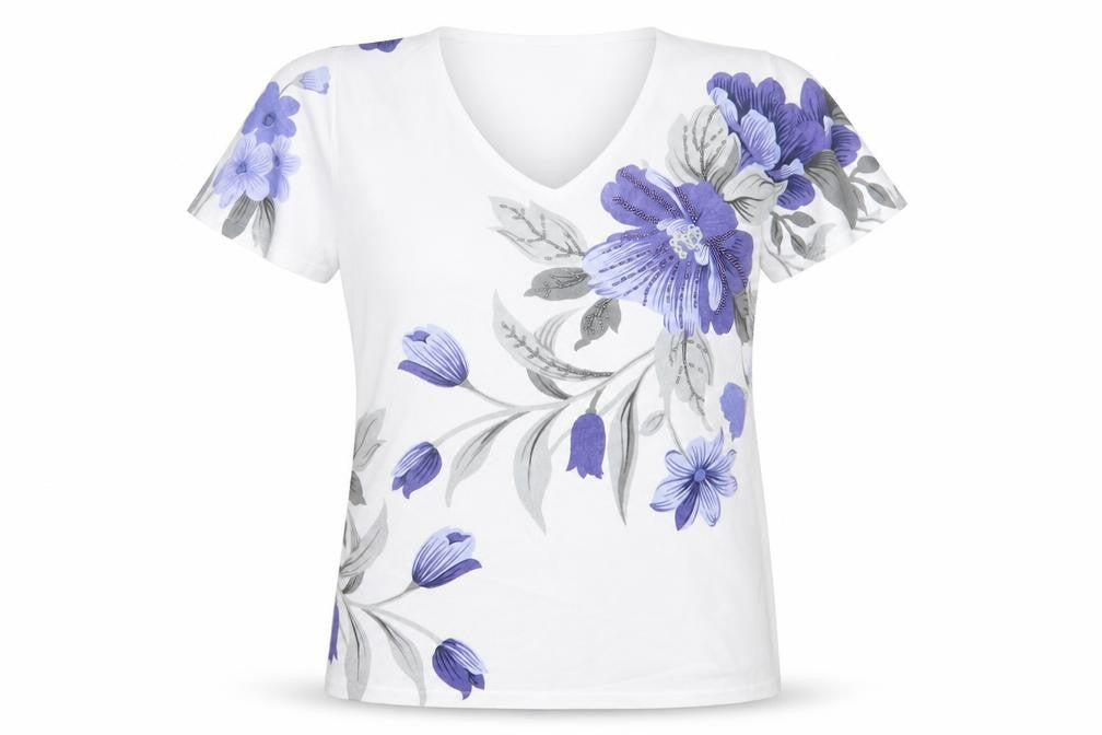 Casamia Womens White Floral Polyester Basic T-Shirt Size M V-Neck