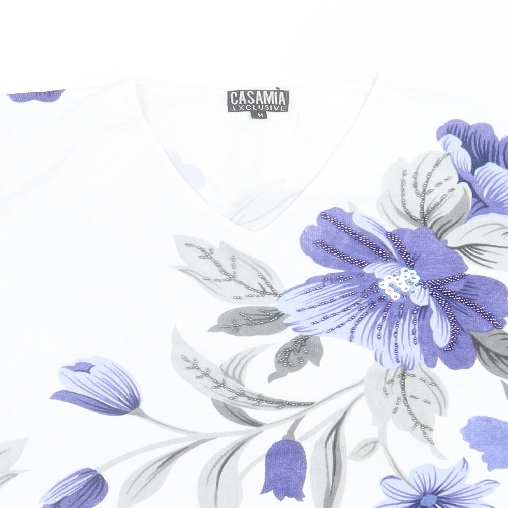 Casamia Womens White Floral Polyester Basic T-Shirt Size M V-Neck