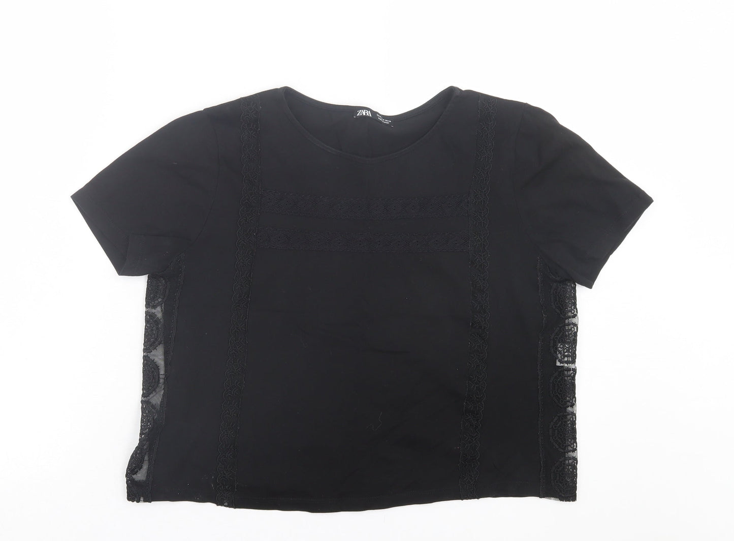 Zara Womens Black Cotton Cropped T-Shirt Size M Crew Neck