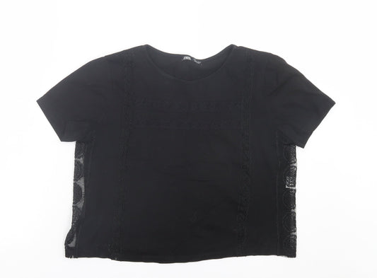 Zara Womens Black Cotton Cropped T-Shirt Size M Crew Neck