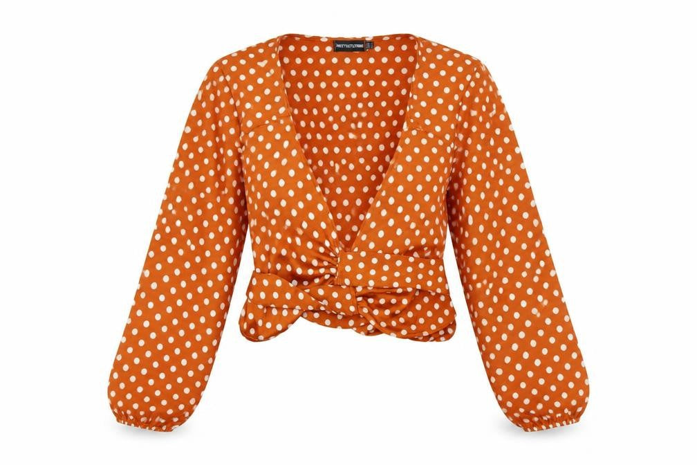 PRETTYLITTLETHING Womens Brown Polka Dot Polyester Wrap Blouse Size 8 V-Neck