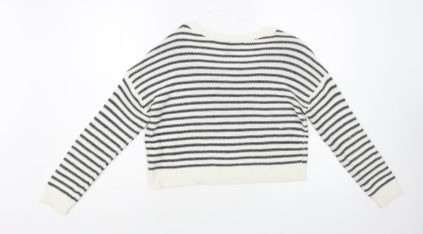 H&M Womens White Boat Neck Striped Acrylic Pullover Jumper Size 6