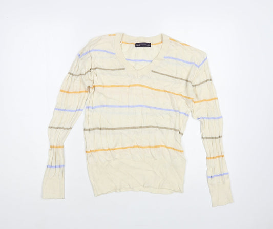 Marks and Spencer Womens Ivory V-Neck Striped Viscose Pullover Jumper Size S