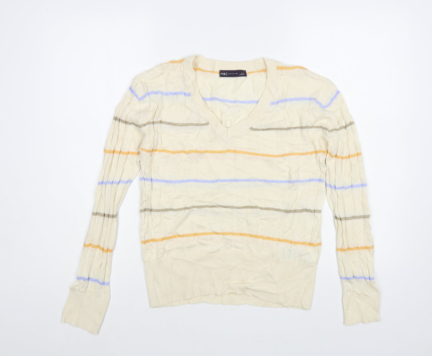 Marks and Spencer Womens Ivory V-Neck Striped Viscose Pullover Jumper Size S