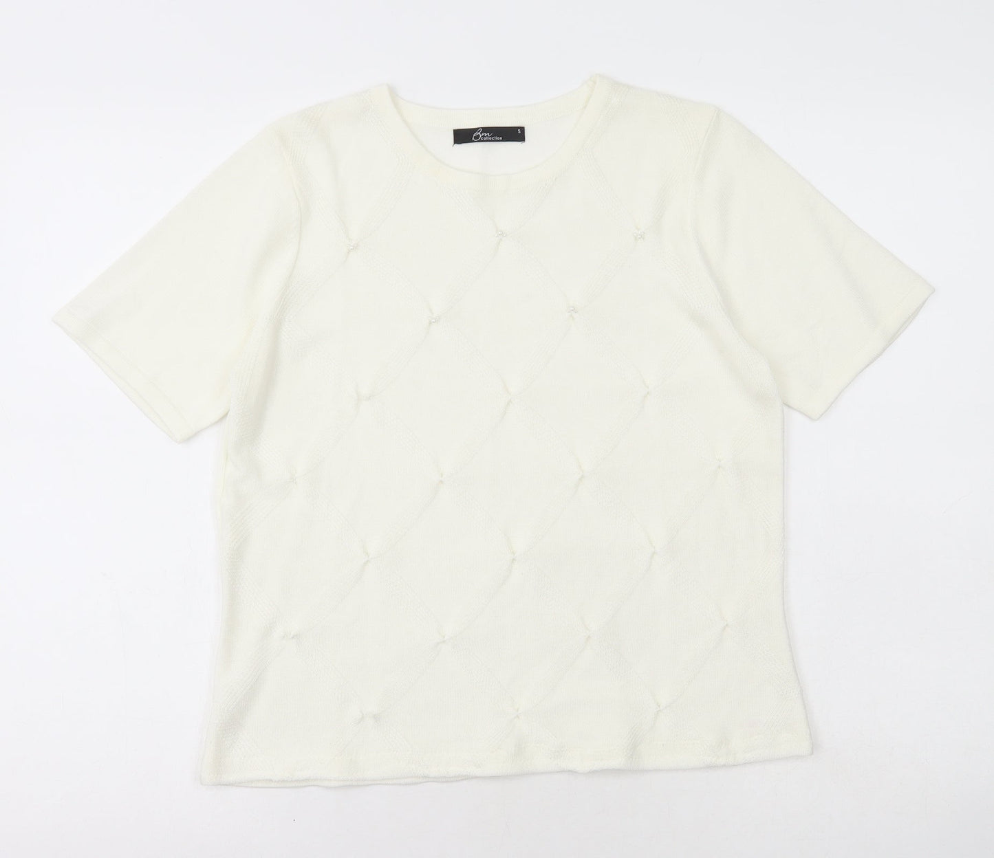 Bm Collection Womens Ivory Acrylic Basic T-Shirt Size S Scoop Neck
