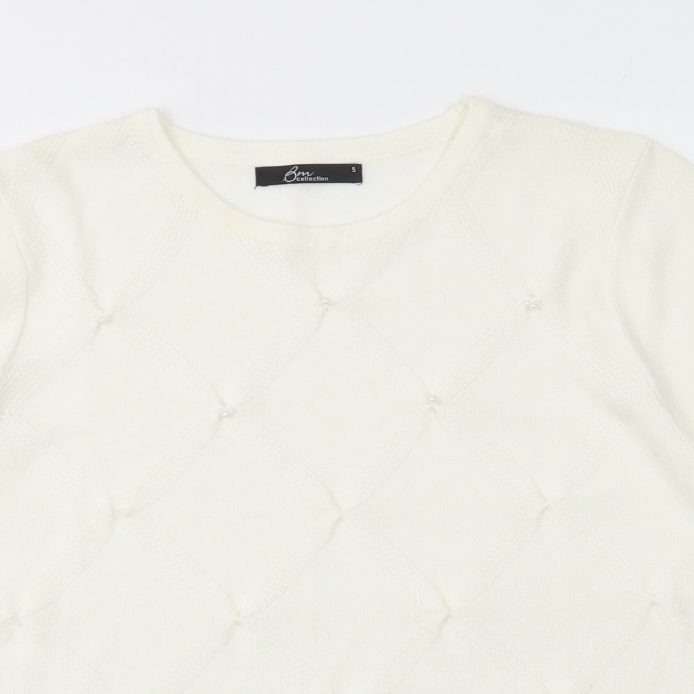 Bm Collection Womens Ivory Acrylic Basic T-Shirt Size S Scoop Neck