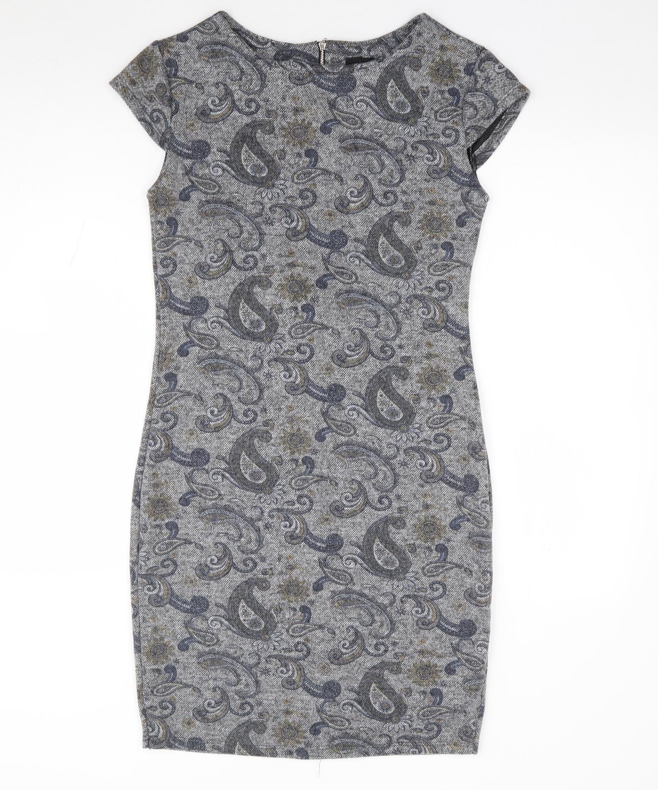 Izabel London Womens Grey Paisley Polyester Pencil Dress Size 10 Round Neck Zip