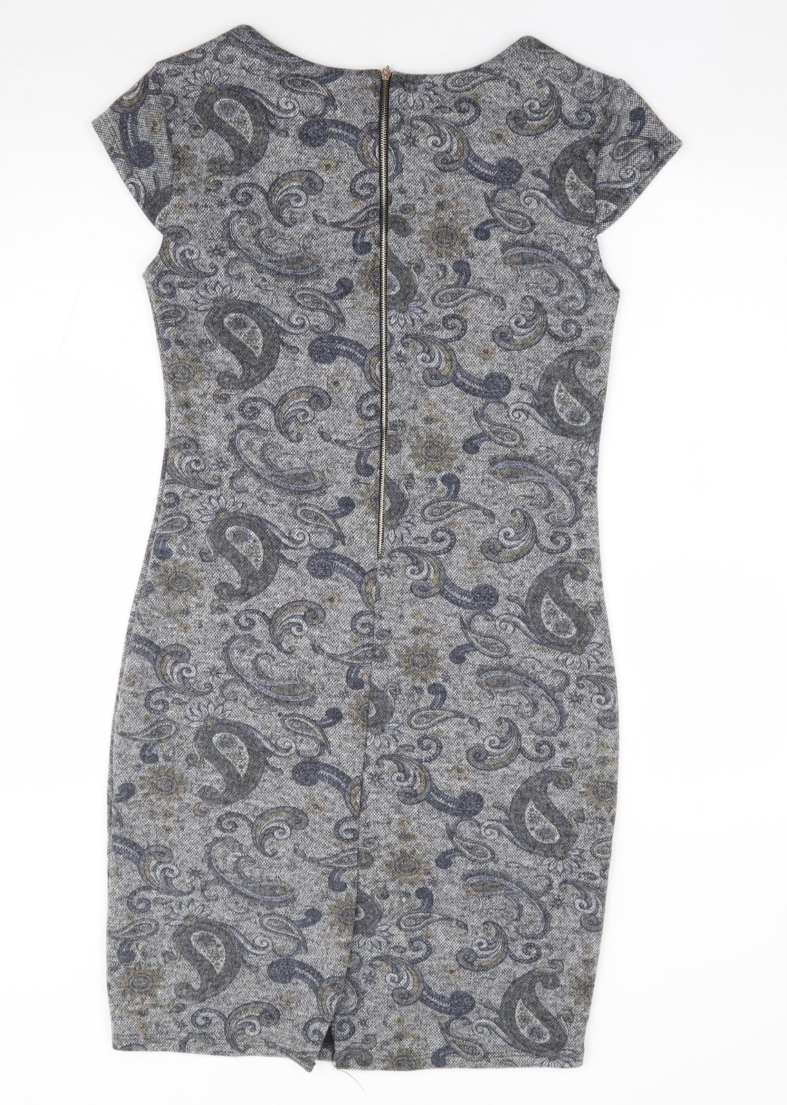 Izabel London Womens Grey Paisley Polyester Pencil Dress Size 10 Round Neck Zip