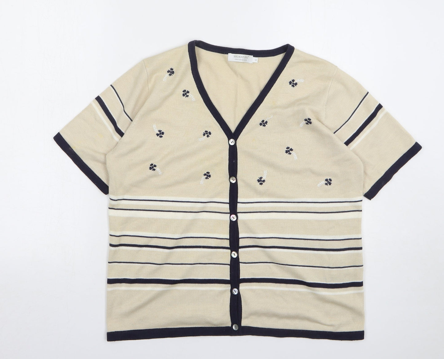 Signature Experience Womens Beige V-Neck Striped Cotton Cardigan Jumper Size S