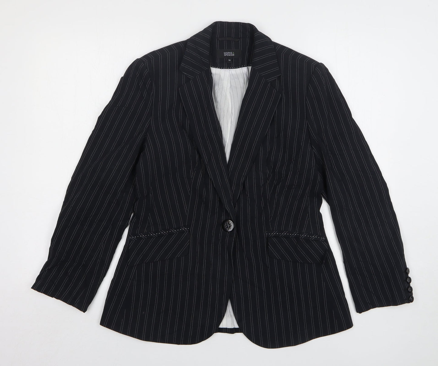 Marks and Spencer Womens Black Striped Polyester Jacket Suit Jacket Size 12