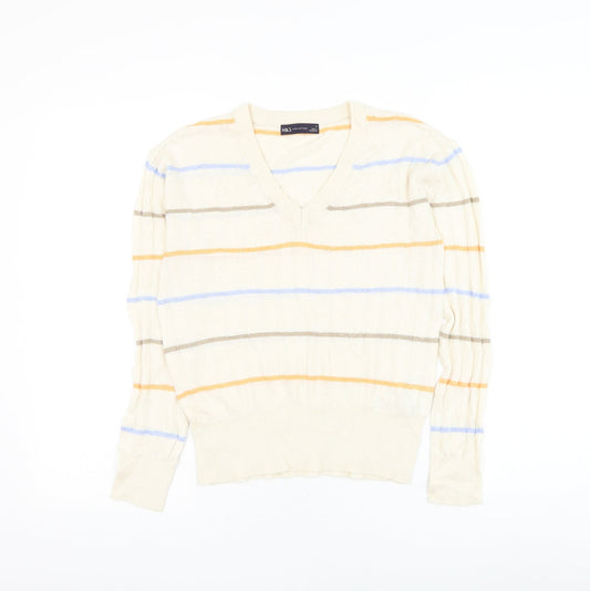 Marks and Spencer Womens Ivory V-Neck Striped Viscose Pullover Jumper Size S