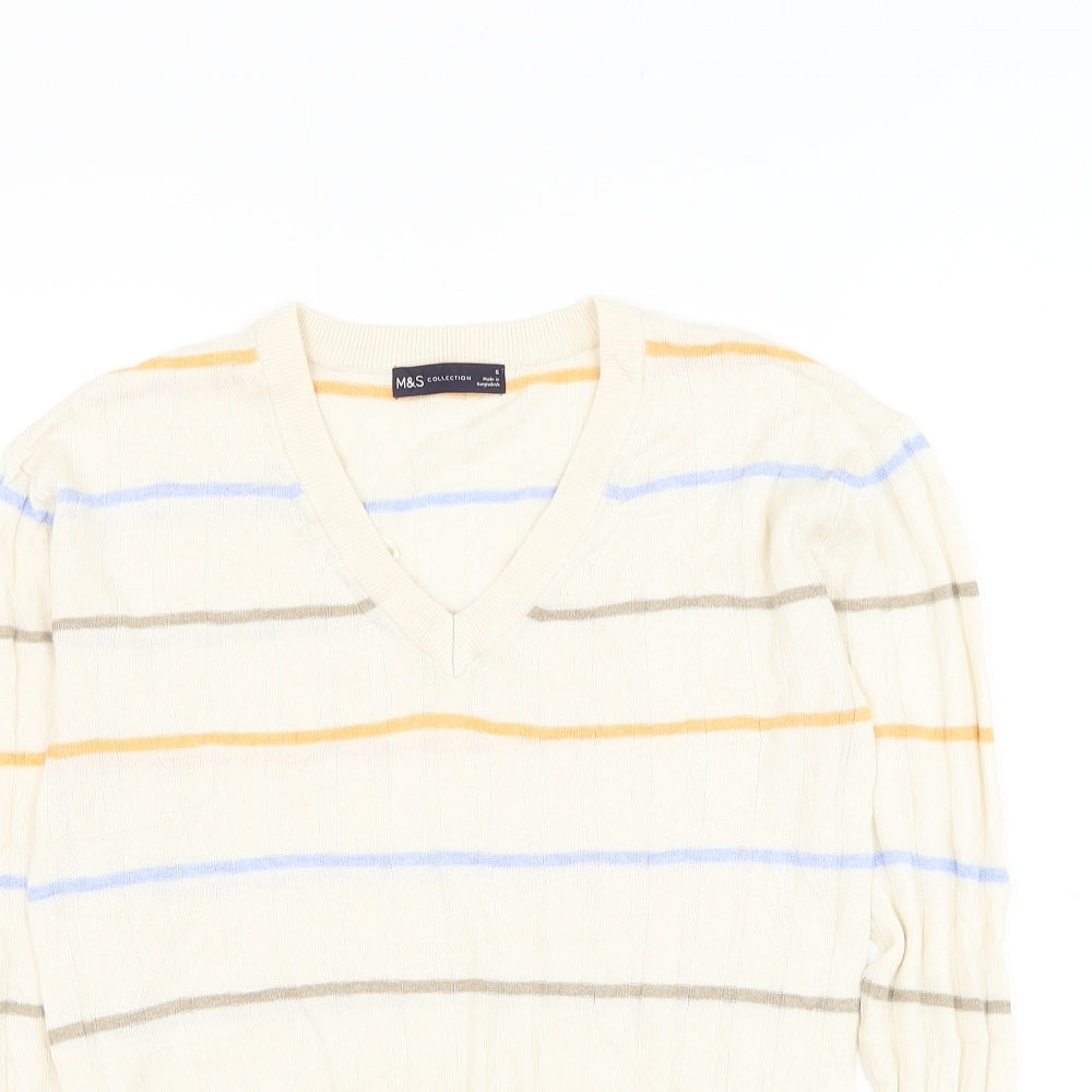 Marks and Spencer Womens Ivory V-Neck Striped Viscose Pullover Jumper Size S