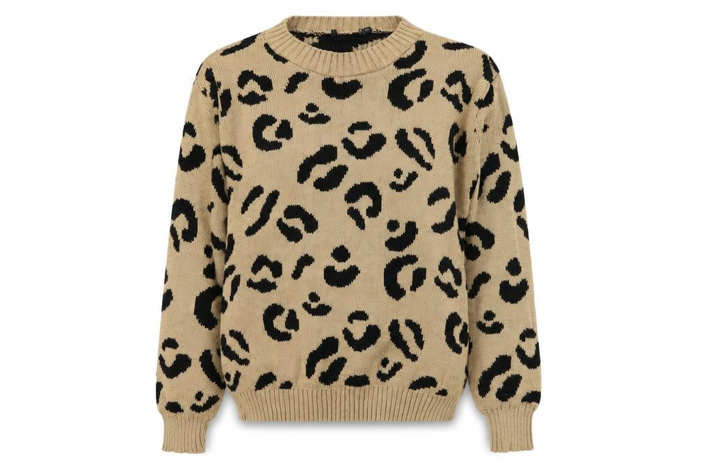 Preworn Womens Brown Round Neck Animal Print Acrylic Pullover Jumper Size S