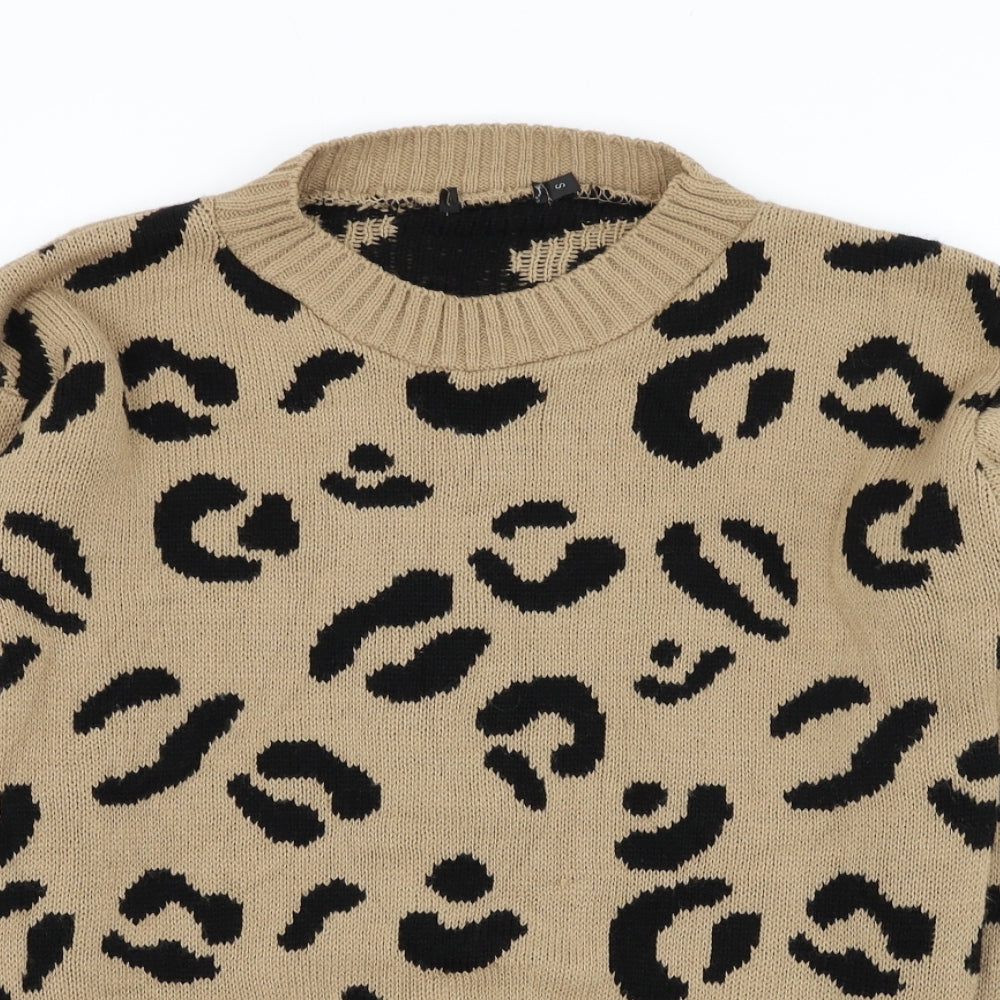Preworn Womens Brown Round Neck Animal Print Acrylic Pullover Jumper Size S