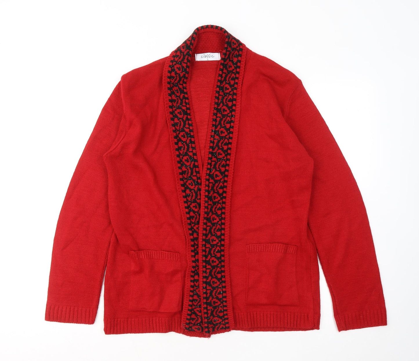 Classic Womens Red V-Neck Acrylic Cardigan Jumper Size L