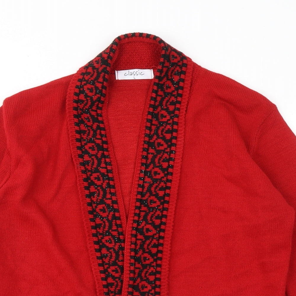 Classic Womens Red V-Neck Acrylic Cardigan Jumper Size L