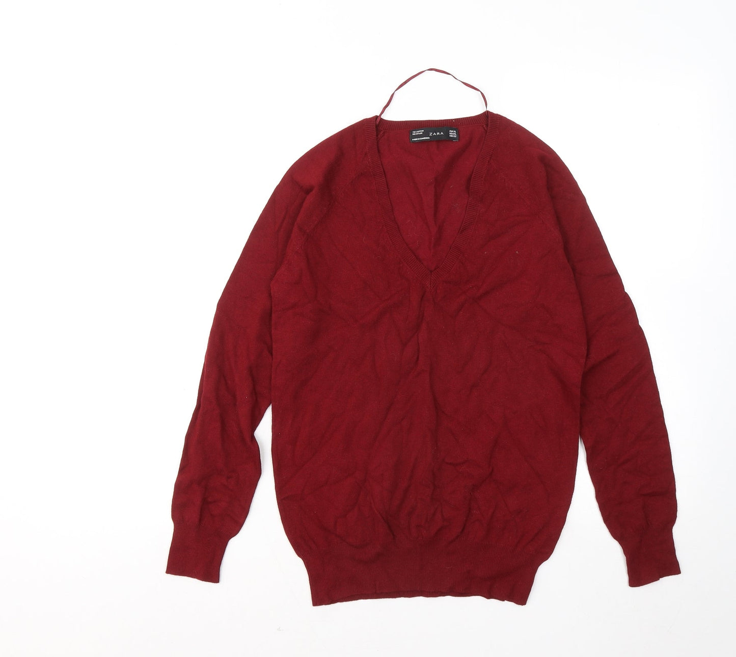 Zara Womens Red V-Neck Cotton Pullover Jumper Size XL